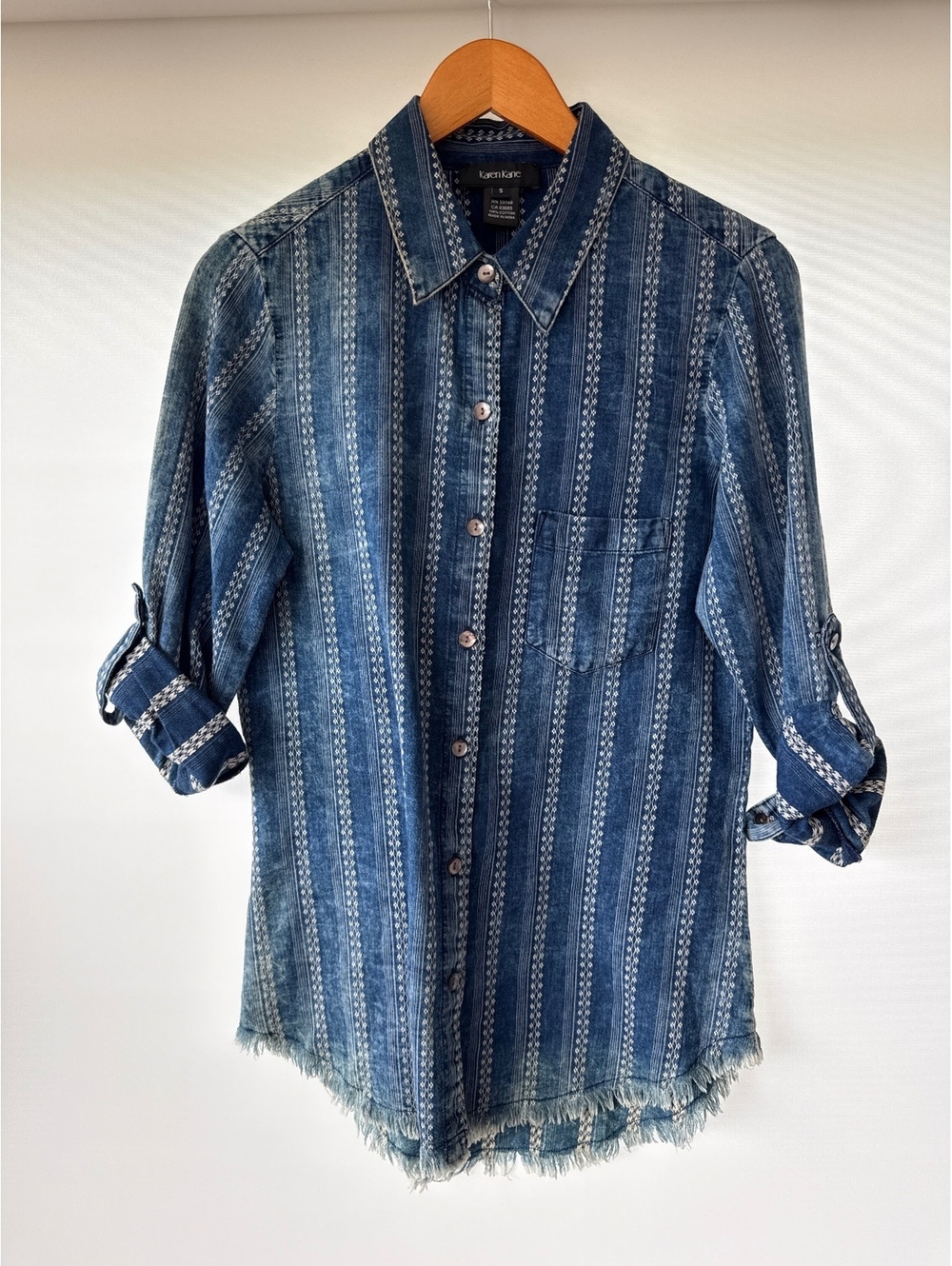 Karen Kane Chambray Shirt Womens Small Embroidered Raw Hem Roll Tab Denim